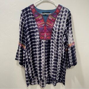 Elegant Navy Tie-Dye Tunic with Embroidered Accents